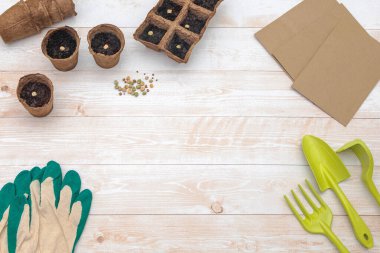 Tohum ekmek ve tohum yetiştirmek için malzeme, turba tenceresi ve toprak ile dolu bir masa. Düz yerde yatıyordu. Boşluğu kopyala.