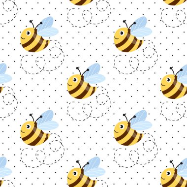 Beyaz benekli arka planda arılar olan kusursuz bir desen. Küçük eşekarısı. Vektör çizimi. Sevimli çizgi film karakteri. Davetiye, kart, tekstil, kumaş için şablon tasarımı. Doodle tarzı