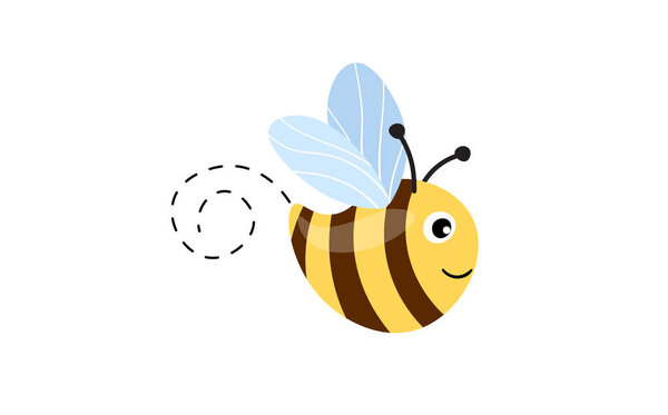 Cartoon bee mascot. A small bees flying on a dotted route. Wasp collection. Vector characters. Incest icon. Template design for invitation, cards. Doodle style