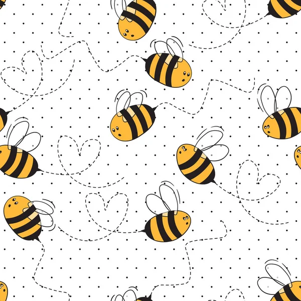 Бесшовный рисунок с пчелами на белом фоне горошек. Маленькая оса. Векторная иллюстрация. Симпатичный мультяшный персонаж. Дизайн шаблонов приглашений, открыток, текстиля и т.д. Дудл — стоковый вектор