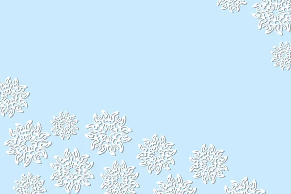 Cartão de Natal com flocos de neve brancos sobre fundo azul. Ícone isolado de flocos de neve. Forma de papel vazia. Desenhos animados de inverno ilustração plana. Espaço para cópia. Padrão de férias, banner, quadro, design de cartão de saudação — Vetor de Stock