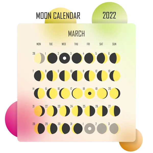 Mars 2022 Calendrier lunaire. Conception de calendrier astrologique. planificateur. Place pour autocollants. Modélisation du planificateur du cycle du mois. Isolé fond de verre coloré — Image vectorielle