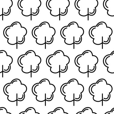 Ağaç simgesiyle siyah ve beyaz desenli. Vektör ağaçları sembol işareti. Bitkiler, baskı, kart, kartpostal, kumaş ve tekstil için peyzaj tasarımı. İş fikri kavramı