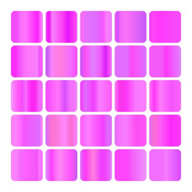 Parlak renkli hologramı olan metalik gradyan koleksiyonu. Holografik folyo dokusu, altın gül, pembe kademe. Çerçeve, kurdele, sınır, diğer tasarım için vektör ayarlandı