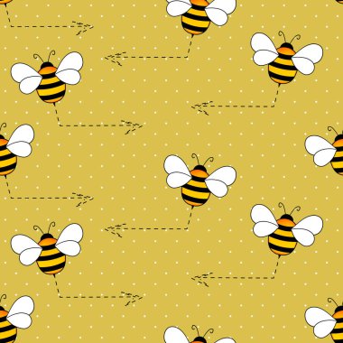Renkli puantiyeli arka planda arılar olan kusursuz desen. Küçük eşekarısı. Vektör çizimi. Sevimli çizgi film karakteri. Davetiye, kart, tekstil, kumaş için şablon tasarımı. Doodle tarzı
