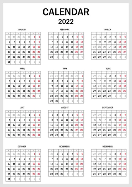 2022 calendar planner. Corporate week. Template layout, 12 months yearly, white background. Simple design for business brochure, flyer, print media, advertisement. Week starts from Monday — Stock Vector