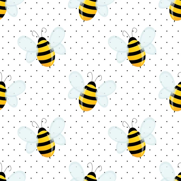 Padrão sem costura com abelhas em bolinhas brancas fundo pontos. Uma vespa pequena. Ilustração vetorial. Personagem de desenho animado adorável. Modelo de design para convite, cartões, têxtil, tecido. Estilo doodle — Vetor de Stock