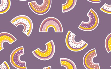 Renkli gökkuşağı renkleriyle renksiz modaya uygun bir model. Davetiye, poster, kart, kumaş, tekstil, kumaş tasarımı. Bebek için şirin bir tatil illüstrasyonu. İskandinav karalama stili