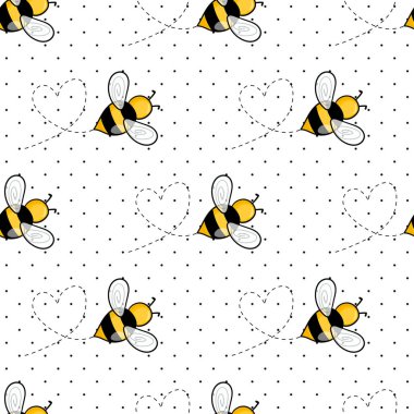 Beyaz benekli arka planda arılar olan kusursuz bir desen. Küçük eşekarısı. Vektör çizimi. Sevimli çizgi film karakteri. Davetiye, kart, tekstil, kumaş için şablon tasarımı. Doodle tarzı