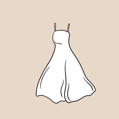 Hoş, kadınsı, zarif, beyaz elbise. Moda elbise ikonu. Kadın giysi elemanı. Kadın sembolü, modern tasarımın şablonu. Vektör çizimi çizimi. Kıyafet konsepti