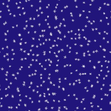 Mavi zemin üzerinde beyaz kar taneleri olan kışın pürüzsüz deseni. Kumaş, tekstil duvar kağıtları, posterler, hediye ambalaj kağıtları için vektör çizimi. Noel vektör illüstrasyonu.