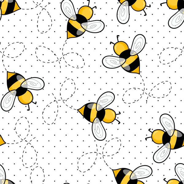 Modèle sans couture avec des abeilles sur fond à pois blancs. Petite guêpe. Illustration vectorielle. Adorable personnage de dessin animé. Modèle de conception pour invitation, cartes, textile, tissu. Style caniche — Image vectorielle