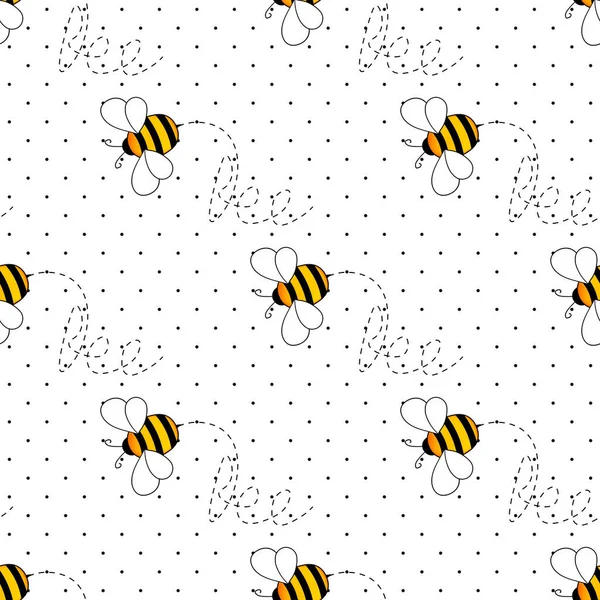 흰 폴카 점의 배경에 있는 벌들의 가시없는 무늬. 작은 말벌. 벡터 일러스트. 사랑 스러운 만화 캐릭터. 초대, 카드, 직물, 직물등을 위한 템플릿 디자인. Doodle 스타일 — 스톡 벡터