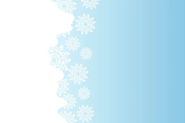 Weihnachtskarte mit weißen Schneeflocken auf blauem Hintergrund. Vereinzelte Schneeflocken. Leere Papierform. Winter Cartoon flache Illustration. Kopierraum. Urlaubsmuster, Banner, Rahmen, Grußkartendesign — Stockvektor