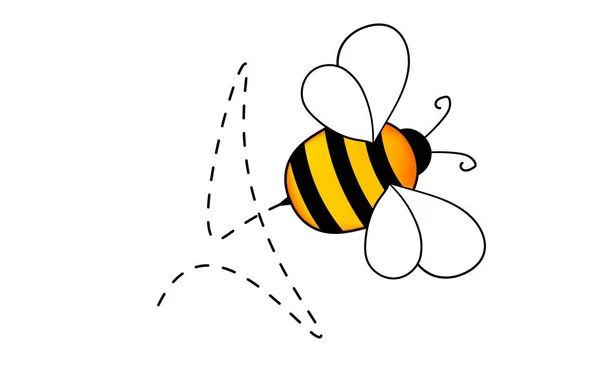 Comic-Bienen-Maskottchen. Eine kleine Biene fliegt auf einer punktierten Route. Wespensammlung. Vektorzeichen. Inzest-Symbol. Vorlage für Einladungen, Karten. Doodle-Stil — Stockvektor