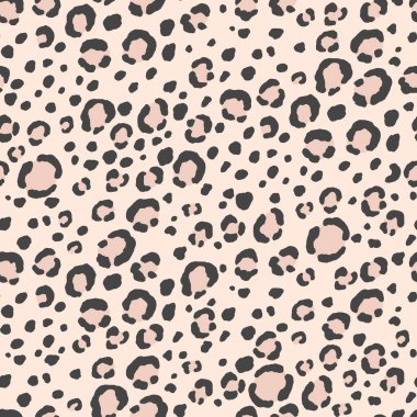 Soyut modern leopar pürüzsüz desen. Hayvanlar modaya uygun arka plan. Baskı, kart, kartpostal, kumaş, tekstil için bej ve siyah dekoratif vektör çizimi. Modern stilize cilt süsü