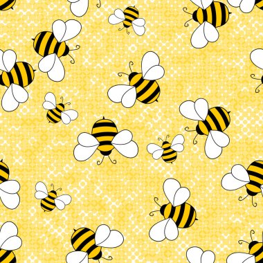 Renkli puantiyeli arka planda arılar olan kusursuz desen. Küçük eşekarısı. Vektör çizimi. Sevimli çizgi film karakteri. Davetiye, kart, tekstil, kumaş için şablon tasarımı. Doodle tarzı.
