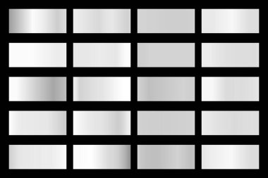 Parlak gümüş hologramlı metalik gradyan koleksiyonu. Holografik folyo dokusu, krom metal oyması. Çerçeve, kurdele, sınır, kapak, pankart ve diğer tasarım için vektör ayarlandı