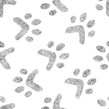 Düz çizgi film hayvan ayak izi silueti, kusursuz desen. Kedi ya da köpek ayağı, bilinmeyen bir hayvan. Siyah parmak izi. Vektör çizimi. Moda tarzı tasarımı