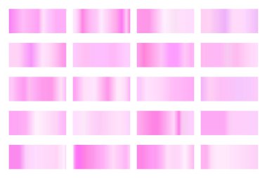 Parlak renkli hologramı olan metalik gradyan koleksiyonu. Holografik folyo dokusu, altın gül, pembe kademe. Çerçeve, kurdele, sınır, diğer tasarım için vektör ayarlandı