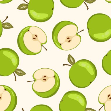 Beyaz arka planda elmalı kusursuz desen. Doğal lezzetli taze lezzetli meyve. Baskı, kumaş, tekstil, pankart ve diğer tasarım için vektör çizimi. Yapraklı elmalar. Yiyecek konsepti
