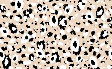 Soyut modern leopar pürüzsüz desen. Hayvanlar modaya uygun arka plan. Baskı, kart, kartpostal, kumaş, tekstil için bej ve siyah dekoratif vektör çizimi. Modern stilize cilt süsü
