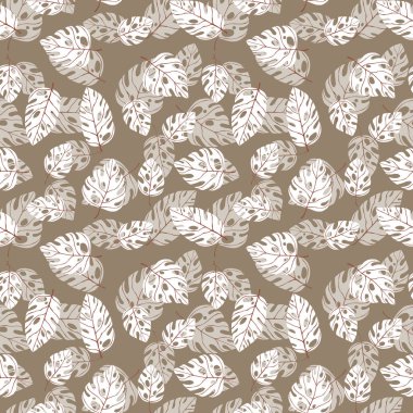 El çizimi, egzotik canavar yaprakları olan çiçek gibi pürüzsüz. Tatlı yaz geçmişi. Tropik kahverengi dallar. Modern çiçek kompozisyonları. Duvar kağıdı, kumaş ve tekstil için moda vektör illüstrasyonu