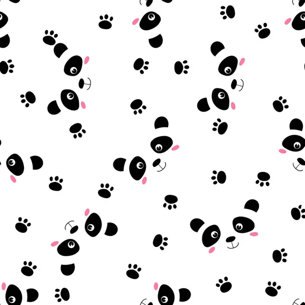 Modello senza cuciture con simpatico bambino panda su sfondo bianco. Divertenti animali asiatici. Cartolina, cartoline per bambini. Illustrazione vettoriale piatta per tessuto, tessile, carta da parati, poster, carta da regalo. — Vettoriale Stock