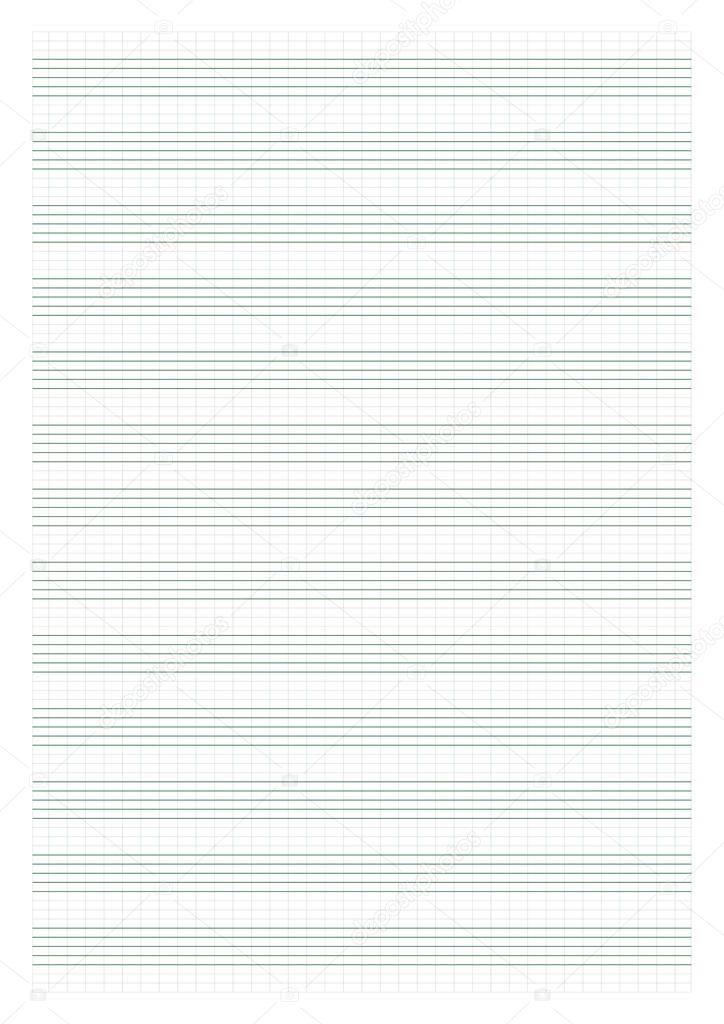 Graph paper. Printable grid paper with stave on a white background. A blank music sheet paper with staff. Geometric pattern for composition, education, school. Realistic lined paper blank size A4