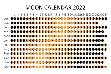 2022 Ay takvimi. Astrolojik takvim tasarımı. Planlayıcı. Çıkartmalar için yer var. Ay döngüsü planlayıcısı. İzole edilmiş siyah beyaz arkaplan