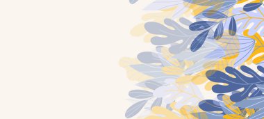 Renkli egzotik yapraklı çiçek web afişi. Doğa konsepti tasarımı. Yaz dallı modern çiçek kompozisyonları. Ekoloji, natura, çevre teması üzerine vektör illüstrasyonu