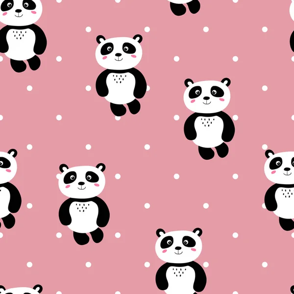 Бесшовный шаблон с милым ребенком панды на фоне цветовых горошек. Смешные азиатские животные. Открытки, открытки для детей. Плоские векторные иллюстрации для ткани, текстиля, обоев — стоковый вектор