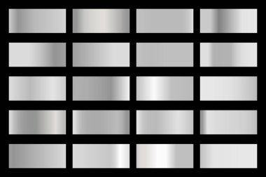 Parlak gümüş hologramlı metalik gradyan koleksiyonu. Holografik folyo dokusu, krom metal oyması. Çerçeve, kurdele, sınır, kapak, pankart ve diğer tasarım için vektör ayarlandı