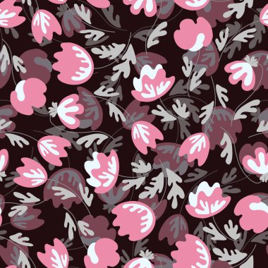 Geleneksel halk sanatları süslerine dayanan kusursuz çiçek desenleri. Renkli arka planda modern çiçekler. İskandinav tarzı. İsveç İskandinav tarzı. Vektör çizimi. Basit minimalist desen