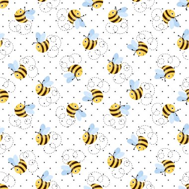 Beyaz benekli arka planda arılar olan kusursuz bir desen. Küçük eşekarısı. Vektör çizimi. Sevimli çizgi film karakteri. Davetiye, kart, tekstil, kumaş için şablon tasarımı. Doodle tarzı