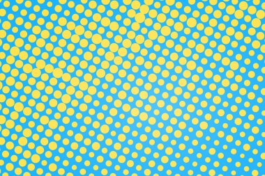 Pop Art Colory çizgi roman kapağı. Puantiyeli mavi ve sarı arkaplan. Çizgi film komik noktalı retro desen. Vektör yarım ton çizimi. Poster, kart, el ilanı için şablon tasarımı