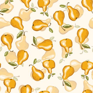 Beyaz zemin üzerinde armut olan kusursuz desen. Doğal lezzetli taze olgun meyveler. Baskı, kumaş, tekstil, pankart ve diğer tasarım için vektör çizimi. Yapraklı stilize armutlar. Yiyecek konsepti