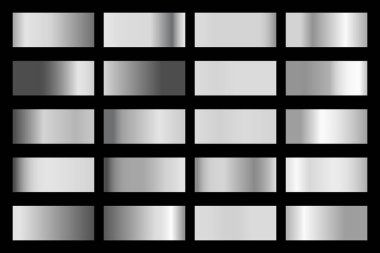 Parlak gümüş hologramlı metalik gradyan koleksiyonu. Holografik folyo dokusu, krom metal oyması. Çerçeve, kurdele, sınır, kapak, pankart ve diğer tasarım için vektör ayarlandı