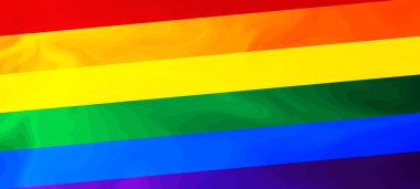 Gökkuşağı arka planında gurur dolu bir ay afişi. LGBT bayrağı. Şablon tasarımı, vektör çizimi. Aşk kazanır. Renkli semboller. Gay gurur koleksiyonu