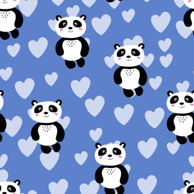 Renkli arka planda şirin panda bebeği olan kusursuz bir desen. Komik Asya hayvanları. Kart, çocuklar için kartpostallar. Kumaş, tekstil, duvar kağıdı, poster, hediye paketi için düz vektör çizimi.