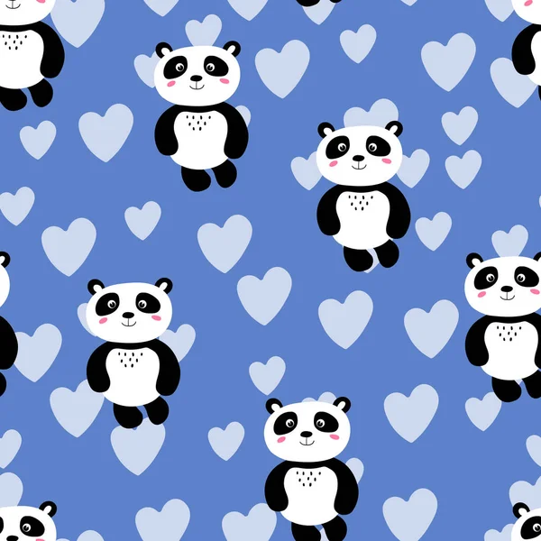 Nahtloses Muster mit niedlichem Panda-Baby auf farbigem Hintergrund. Lustige asiatische Tiere. Karte, Postkarten für Kinder. Flache Vektorillustration für Stoff, Textil, Tapete, Poster, Geschenkpapier. — Stockvektor