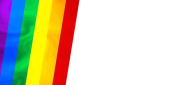 Gökkuşağı arka planında gurur dolu bir ay afişi. LGBT bayrağı. Şablon tasarımı, vektör çizimi. Aşk kazanır. Renkli semboller. Eşcinsel gurur koleksiyonu. Boşluğu kopyala