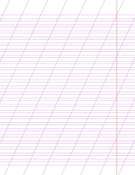 Grafický papír. Tisknutelný linkovaný mřížkový papír s barevným horizontem, diagonální čáry. Geometrický vzorec do školy, šikmý zápisník. Realistický podtržený papír prázdné velikosti Letter. Stránka cvičení pro kaligrafii — Stockový vektor