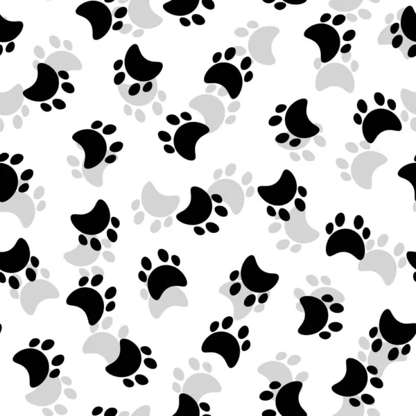 Flat cartoon animal footprint silhouette seamless pattern. Cat or dog foot, unknown animal. Black print paw trace. Vector illustration. Trendy style design — Stock Vector