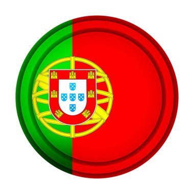 Portekiz bayrağıyla birlikte cam ışıklı top. Yuvarlak küre, şablon simgesi. Portekiz ulusal sembolü. Parlak gerçekçi top, beyaz arkaplanda işaretlenmiş üç boyutlu soyut vektör çizimi. Büyük kabarcık