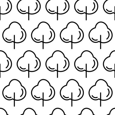 Ağaç simgesiyle siyah ve beyaz desenli. Vektör ağaçları sembol işareti. Bitkiler, baskı, kart, kartpostal, kumaş ve tekstil için peyzaj tasarımı. İş fikri kavramı