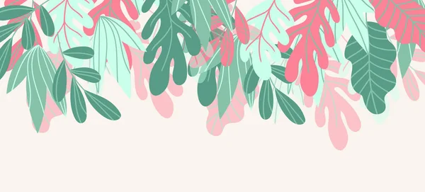 Цветочный веб-баннер с нарисованными цветными экзотическими листьями. Дизайн природы. Современные цветочные композиции с летними ветвями. Векторная иллюстрация на тему экологии, природы, окружающей среды — стоковый вектор