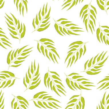 El çizimi yaprakları olan dikişsiz bir çiçek. Güzel bir sonbahar geçmişi var. Tropik yeşil dallar. Modern çiçek kompozisyonları. Duvar kağıdı, poster, kart, kumaş ve tekstil için moda vektör stoku çizimi