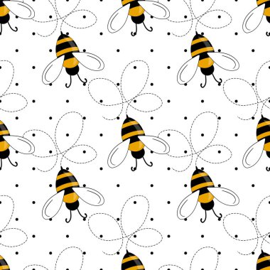 Beyaz benekli arka planda arılar olan kusursuz bir desen. Küçük eşekarısı. Vektör çizimi. Sevimli çizgi film karakteri. Davetiye, kart, tekstil, kumaş için şablon tasarımı. Doodle tarzı
