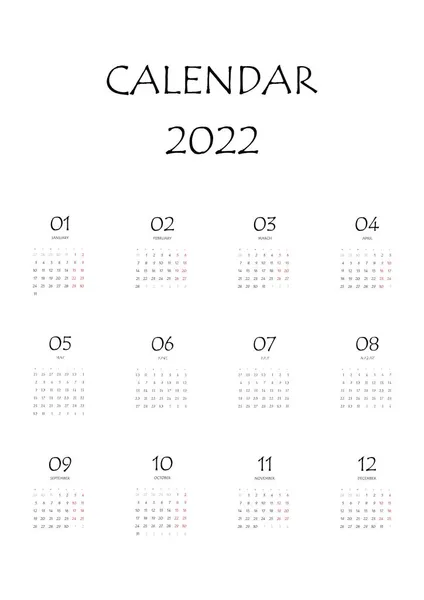 Planificador de calendario 2022. Semana corporativa. Plantilla de diseño, 12 meses anuales, fondo blanco. Diseño simple para folleto de negocios, volante, medios impresos, publicidad. La semana comienza el lunes — Vector de stock